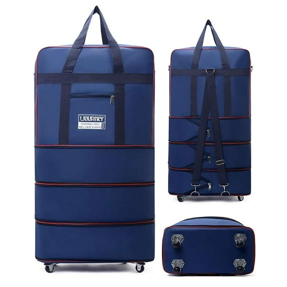 Deago Large Capacity Travel Rolling Duffel Bag Expandable Foldable Luggage Bag with Wheels Lightweight Waterproof Suitcase (Navy)