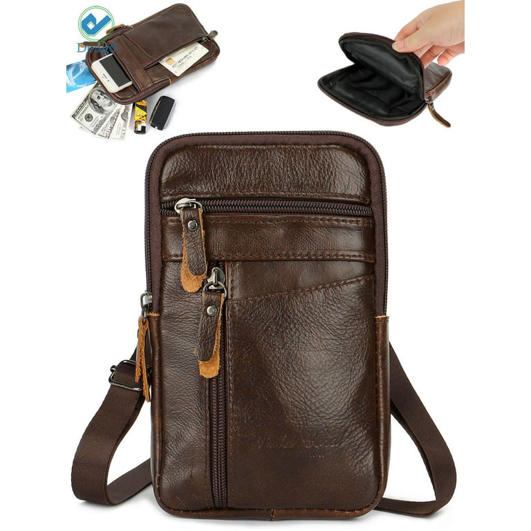 Deago Leather Cell Phone Purse Crossbody Shoulder Bags Men Belt Clip Phone Holsters Case Belt Loop Pouch Waist Bag Pack for iPhone 12 Pro Max, iPhone
