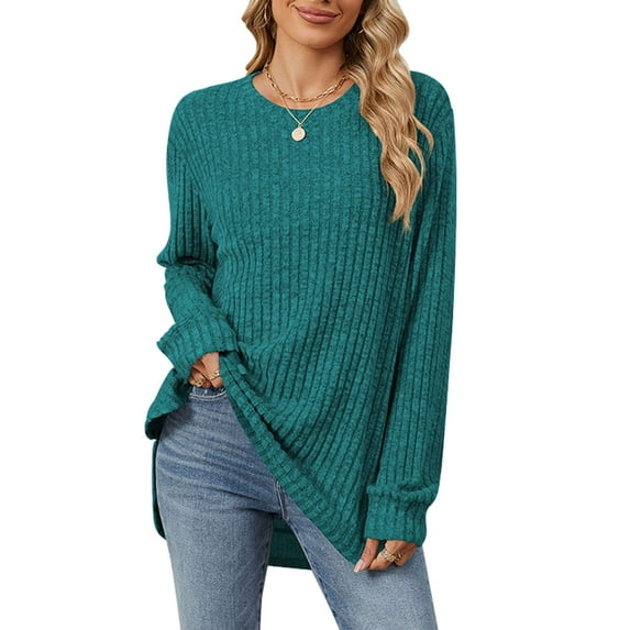 Deago Long Sleeve Shirts for Women Loose Fit Casual Crew Neck Tunic Tops Fall Fashion Pullover Sweaters Side Split