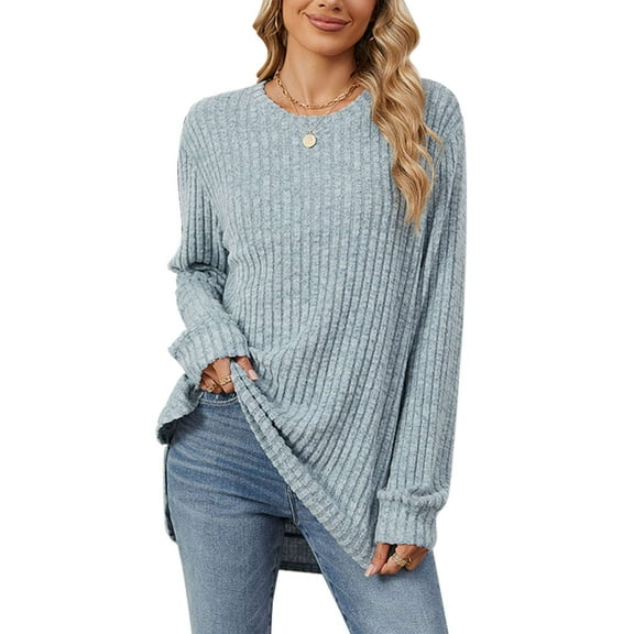 Deago Long Sleeve Shirts for Women Loose Fit Casual Crew Neck Tunic Tops Fall Fashion Pullover Sweaters Side Split