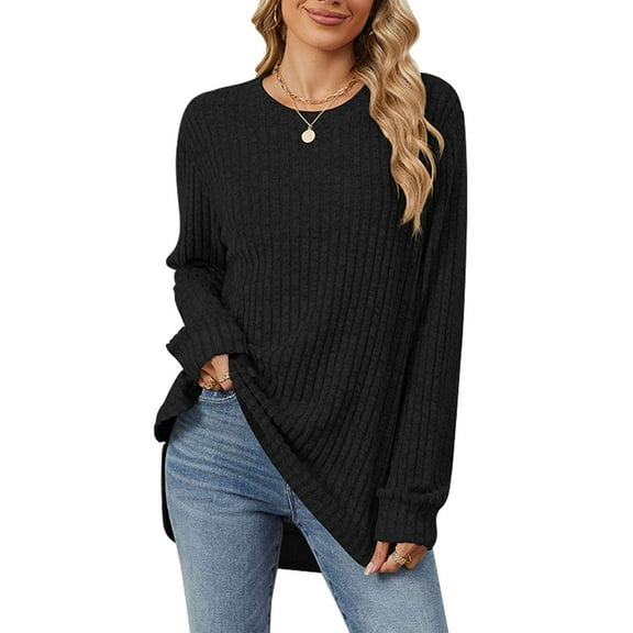 Deago Long Sleeve Shirts for Women Loose Fit Casual Crew Neck Tunic Tops Fall Fashion Pullover Sweaters Side Split