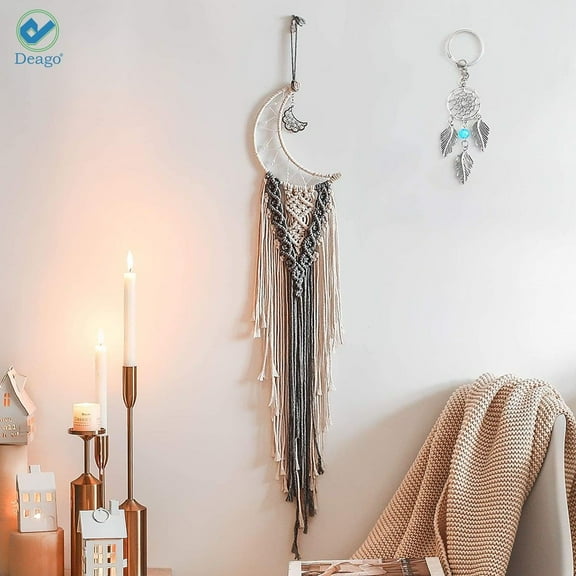 Deago Macrame Woven Wall Hanging Moon Dream Catcher- Boho Chic Bohemian Home Decor Wall Art Decor Beautiful Apartment Dorm Room Door Decoration (Moon)