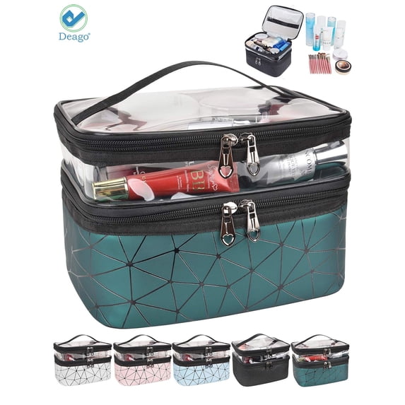 Deago Makeup Bags Double Layer Large Cosmetic bag Clear Travel Cosmetic Case Toiletry Bag Water-resistant for Women Girls (Green)