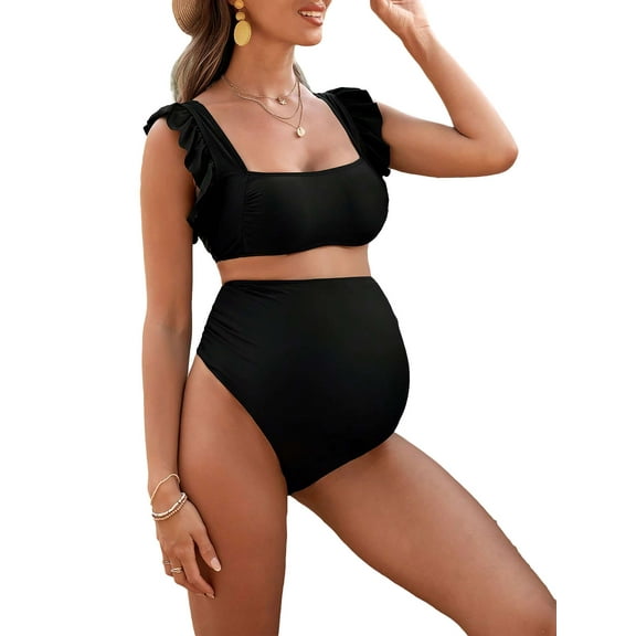 Deago Maternity High Waist Bikini Set Swimsuit Two Piece Ruffle Sleeve Cute Bathing Suit Ruched Pregnancy Swimwear (Black, S)