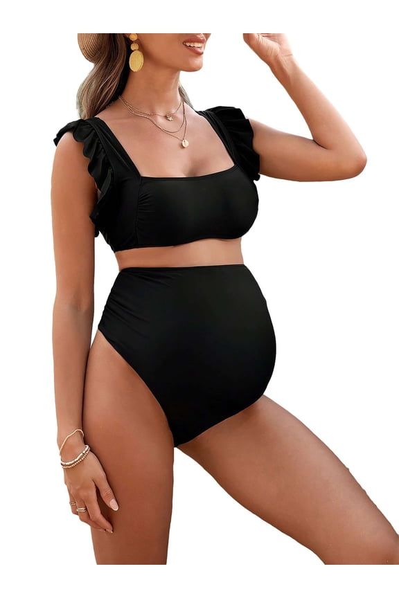 Maternity High Waist Bikini Set Swimsuit Two Piece Ruffle Sleeve Cute Bathing Suit Ruched Pregnancy Swimwear (Black, S)