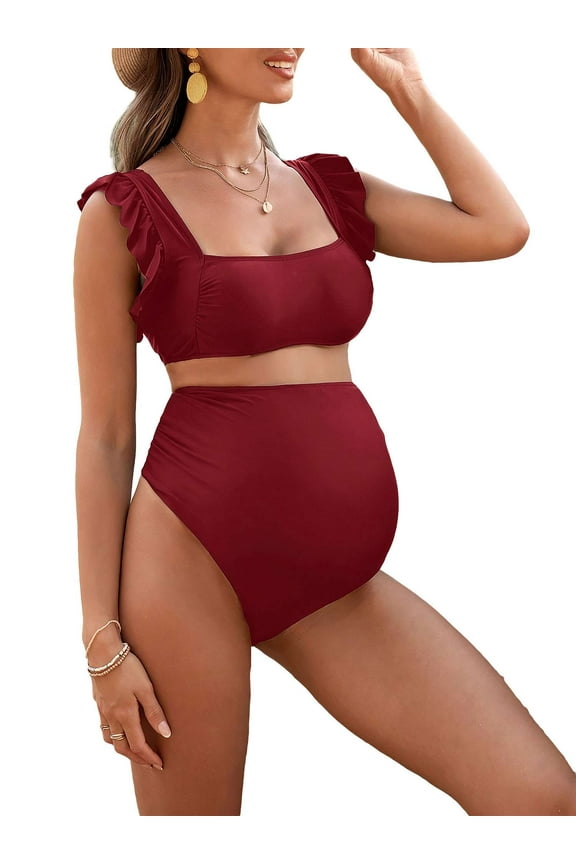 Maternity High Waist Bikini Set Swimsuit Two Piece Ruffle Sleeve Cute Bathing Suit Ruched Pregnancy Swimwear (Red, L)
