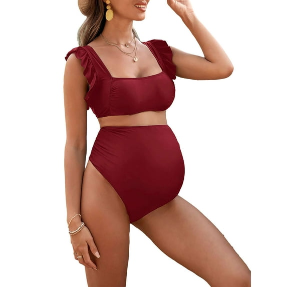 Deago Maternity High Waist Bikini Set Swimsuit Two Piece Ruffle Sleeve Cute Bathing Suit Ruched Pregnancy Swimwear (Red, L)