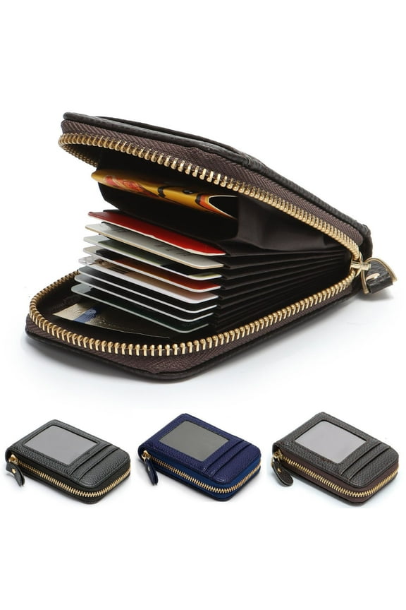 Men Wallet Credit Card Holder Case Genuine Leather RFID Blocking Security Travel Wallet Zipper Pocket with Id Window (Blue)