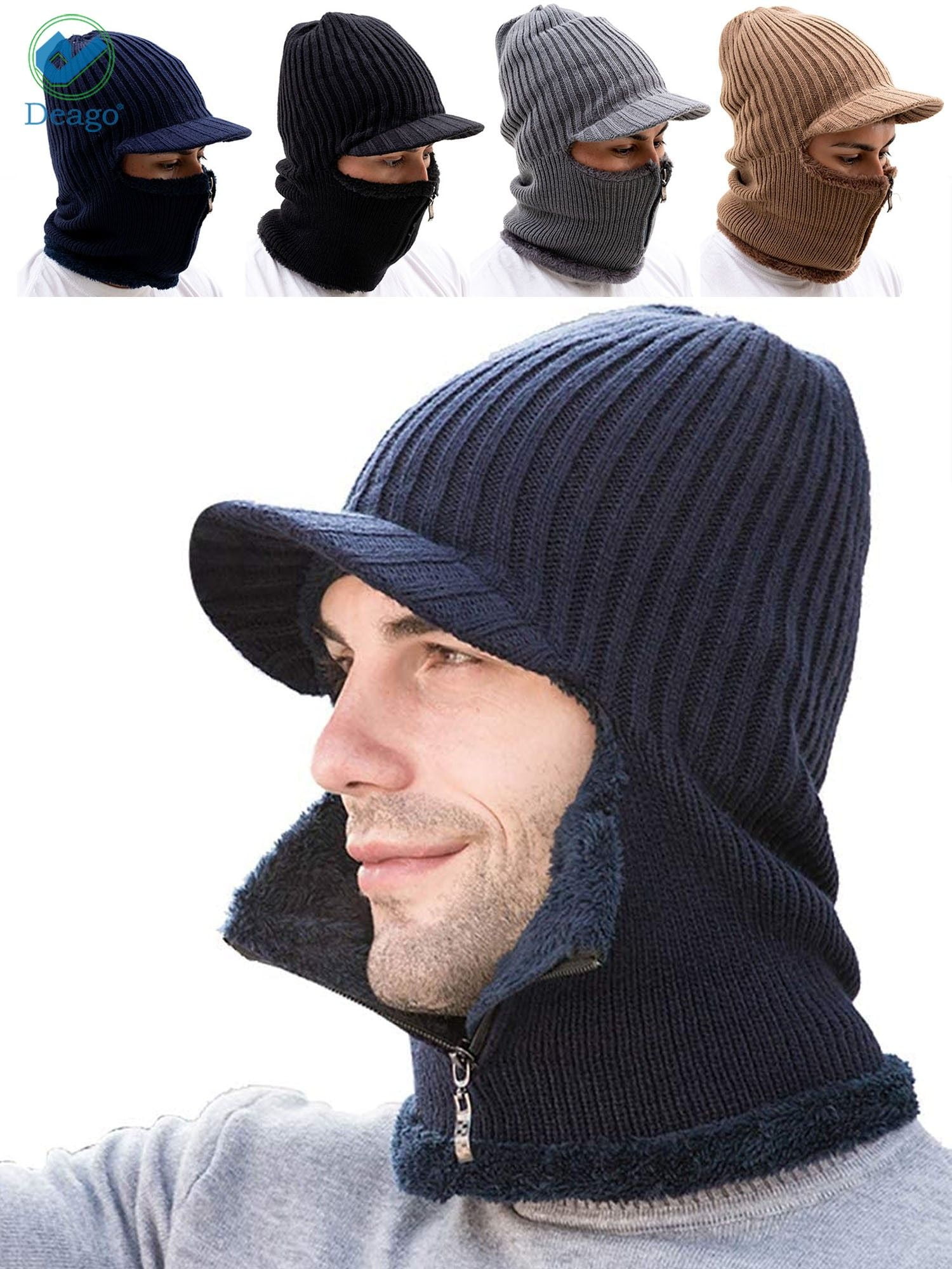 Deago Men Winter Knitted Balaclava Beanie Hat Scarf Set Warm Cycling Ski  Mask Neck Warmer with Thick Fleece Lined Zipper Winter Hat & Scarf (Navy)