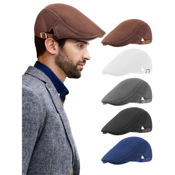 Deago Men's Breathable Mesh Summer Hat Adjustable Newsboy Beret Ivy Cap Cabbie Flat Cap (Khaki)
