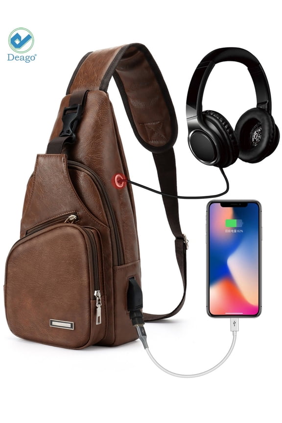 Men's Leather Sling Backpack Chest Shoulder Crossbody Bag with USB Charging Port for Travel Hiking Cycling (Light Brown)