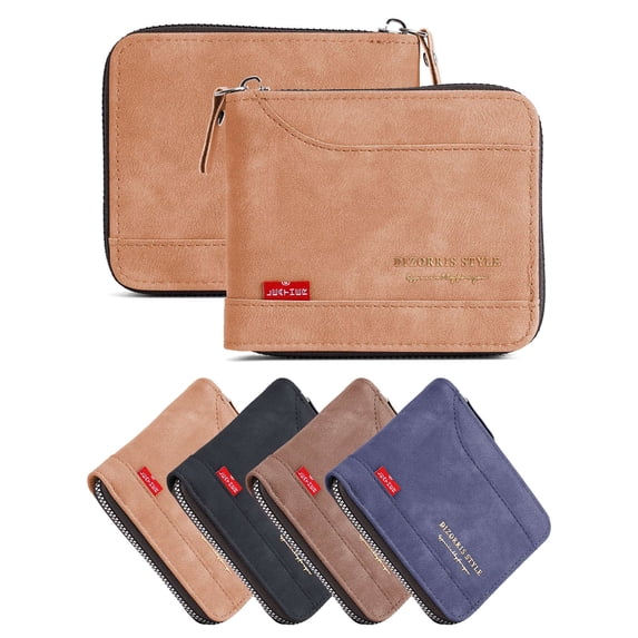 Deago Men's PU Leather Zipper Wallets Short Casual Zip Around Bifold Wallet Multi Credit Card Holder Purse (Khaki#2)