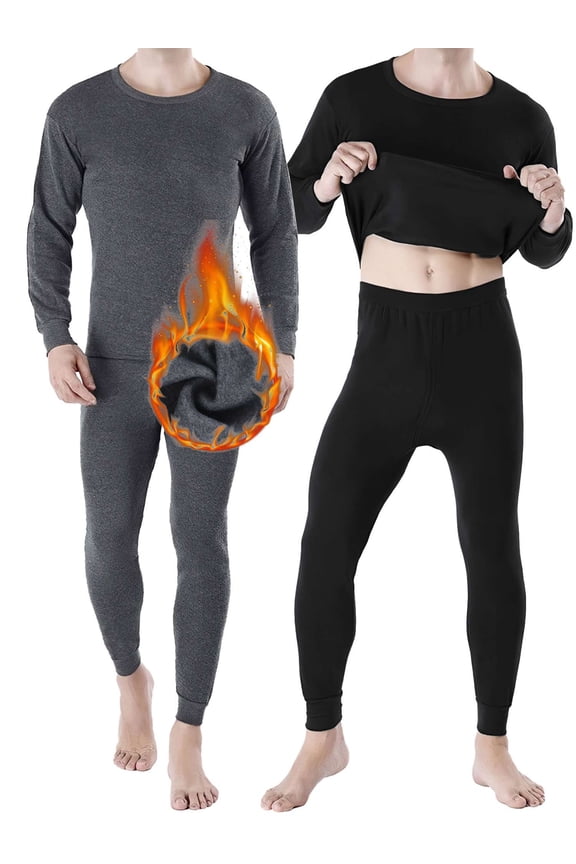 Men's Long Johns Thermal Underwear Set Fleece Lined Base Layer Top & Bottom for Cold Weather - Black, 2XL