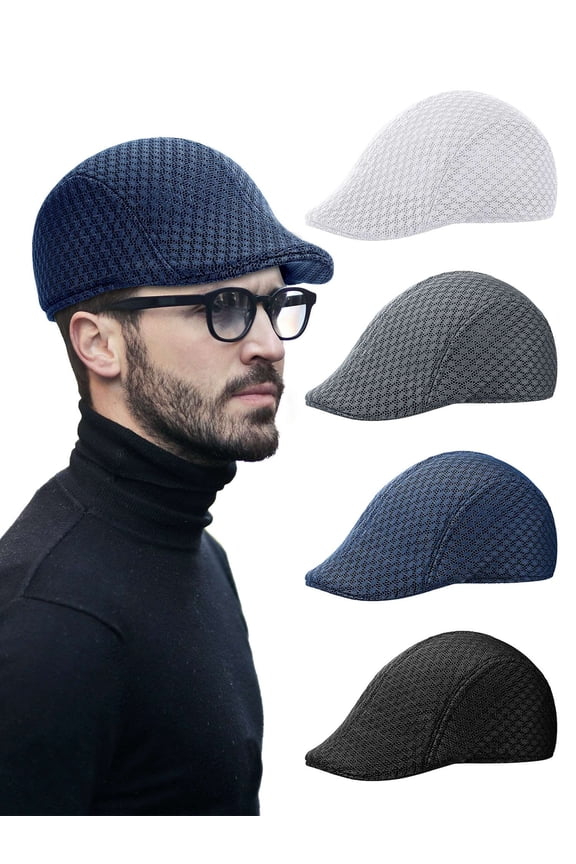 Men's Mesh Flat Cap Breathable Summer Newsboy Hat Cabbie Flat Cap (White)