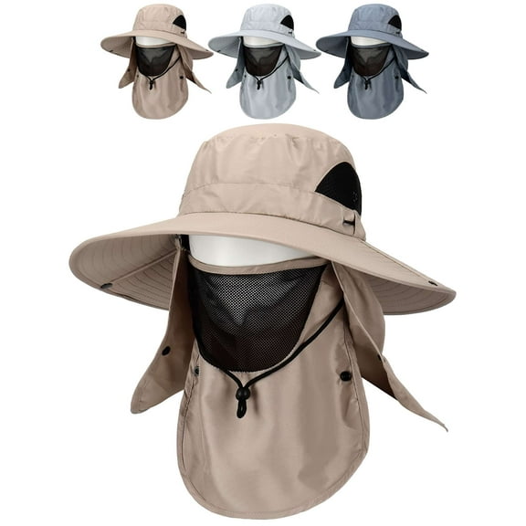Deago Men's Outdoor Sun Hat with Face Neck Flap UV Protection Wide Brim Fishing Cap for Hiking Safari UPF 50  (Beige)