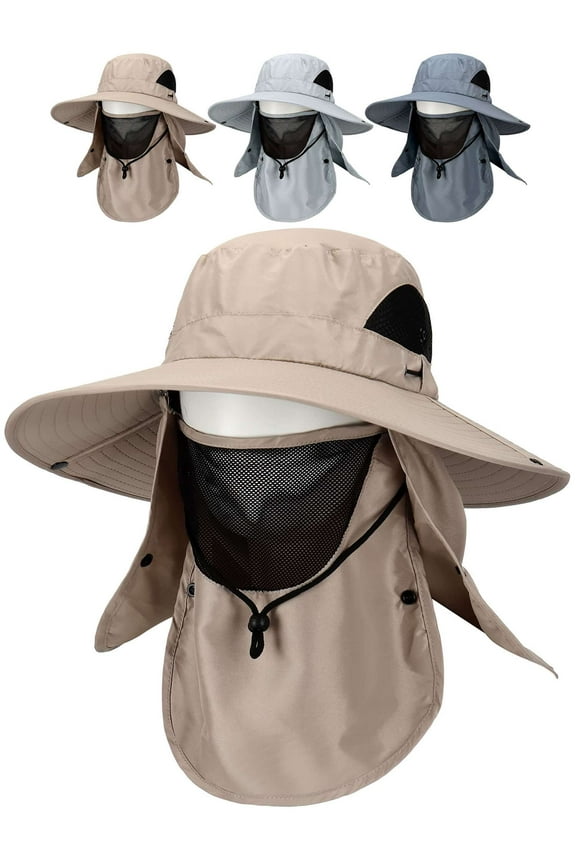 Men's Outdoor Sun Hat with Face Neck Flap UV Protection Wide Brim Fishing Cap for Hiking Safari UPF 50+ (Beige)