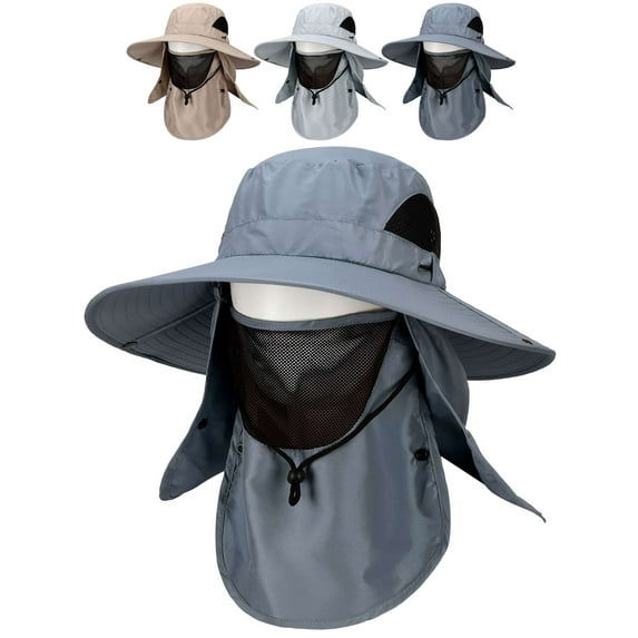 Deago Men's Outdoor Sun Hat with Face Neck Flap UV Protection Wide Brim Fishing Cap for Hiking Safari UPF 50+ (Dark Gray)