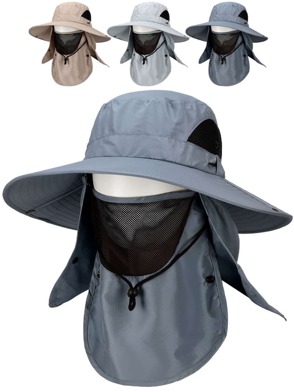 Men's Outdoor Sun Hat with Face Neck Flap UV Protection Wide Brim Fishing Cap for Hiking Safari UPF 50+ (Dark Gray)
