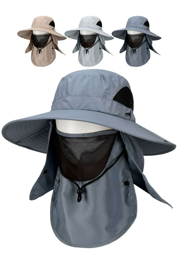 Men's Outdoor Sun Hat with Face Neck Flap UV Protection Wide Brim Fishing Cap for Hiking Safari UPF 50+ (Dark Gray)