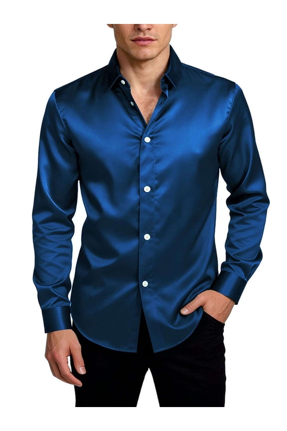Men's Silk Satin Dress Shirts Long Sleeve Luxury Shiny Button Down Shirt Formal Casual Business Prom Party Wedding Shirts (Blue, XL)