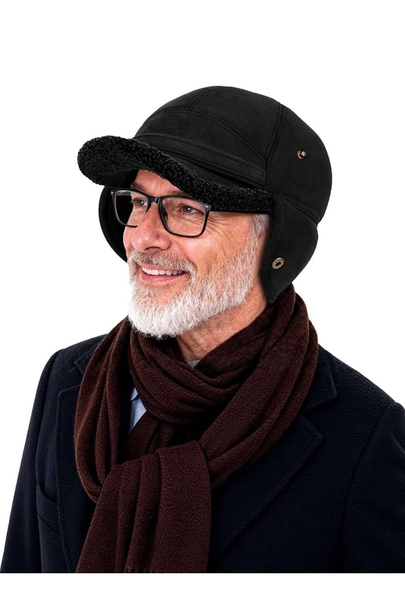 Men’s Winter Baseball Cap with Ear Flaps Dad Caps Fleece Lined Warm Trooper Trapper Hunting Hat for Cold Weather (Black)