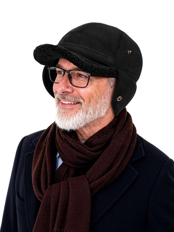 Men’s Winter Baseball Cap with Ear Flaps Dad Caps Fleece Lined Warm Trooper Trapper Hunting Hat for Cold Weather (Black)