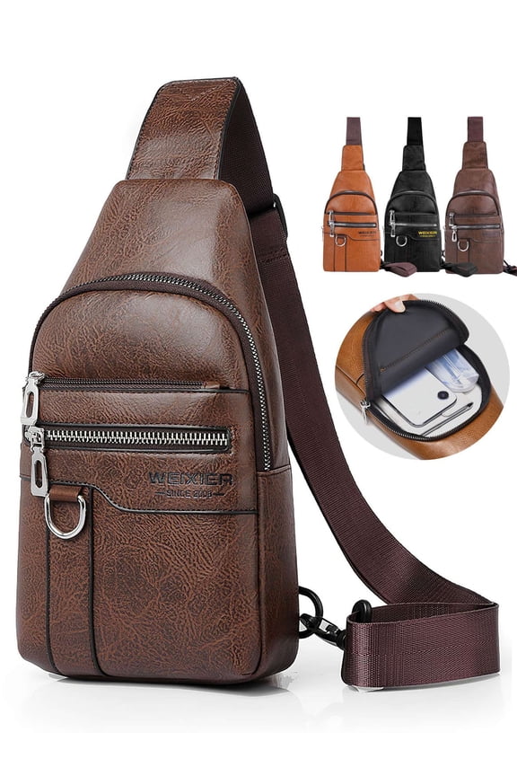 Mens PU Leather Crossbody Bag Shoulder Sling Bag Casual Daypack Chest Bags for Travel Hiking Backpacks (Brown-2)