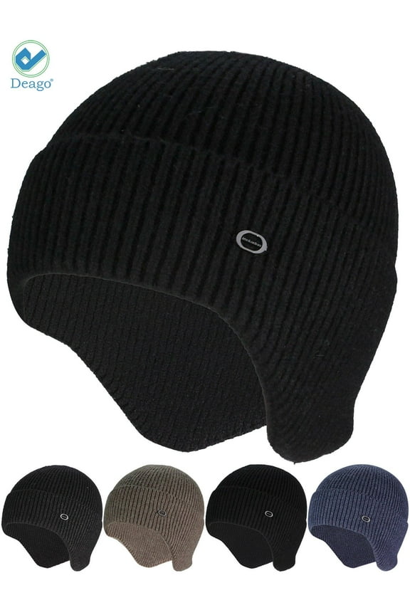 Mens Women Winter Warm Hat Beanie Knit Earflap Hat Fleece Lined Ski Skull Cap with Ears Covers (Black)