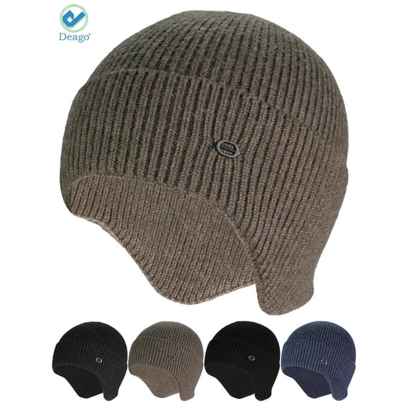 Deago Mens Women Winter Warm Hat Beanie Knit Earflap Hat Fleece Lined Ski Skull Cap with Ears Covers (Khaki)