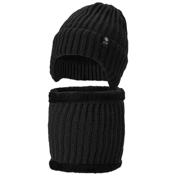 Deago Mens Womens Winter Beanie Hat Scarf Set Warm Knit Thick Fleece Lined Skull Cap Neck Warmer for Men Women (Black)