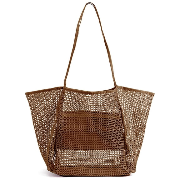 Deago Mesh Beach Tote Bag for Women Shoulder Handbag Causal Hobo Pool Bags for Travel Pool Vacation Cruise Essentials (Brown)