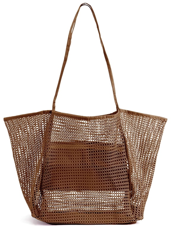 Mesh Beach Tote Bag for Women Shoulder Handbag Causal Hobo Pool Bags for Travel Pool Vacation Cruise Essentials (Brown)