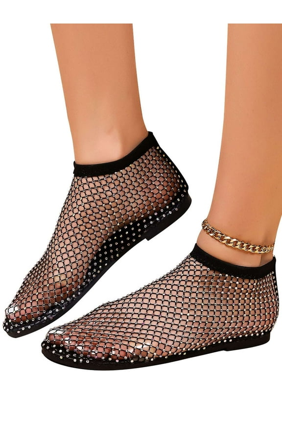 Mesh Flats for Women Ultra Comfortable Shiny Rhinestone Ballet Flats Dressy Summer Flat Shoes Slip On Sandals
