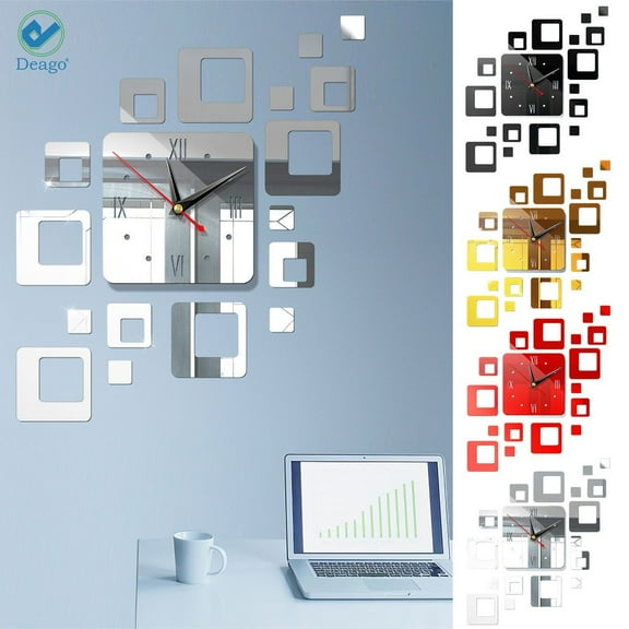 Deago Modern DIY 3D Large Wall Clock Mirror Surface Sticker Art Design Home Decor Room (Silver)