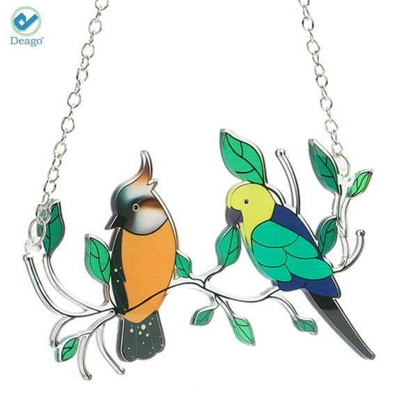 Deago Multicolor Birds On A Wire High Stained Glass Suncatcher Window Panel, Bird Series Hangings Ornaments Pendant Home Decor (2 Birds, 6" x 4")