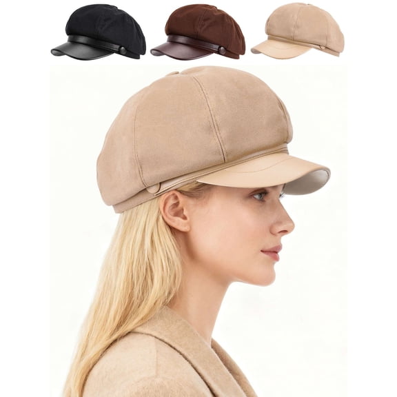 Deago Newsboy Hats for Women Men Winter Warm Visor Pageboy Cabbie Beret Cap 8 Panels Vintage Baker Hat (Khaki)