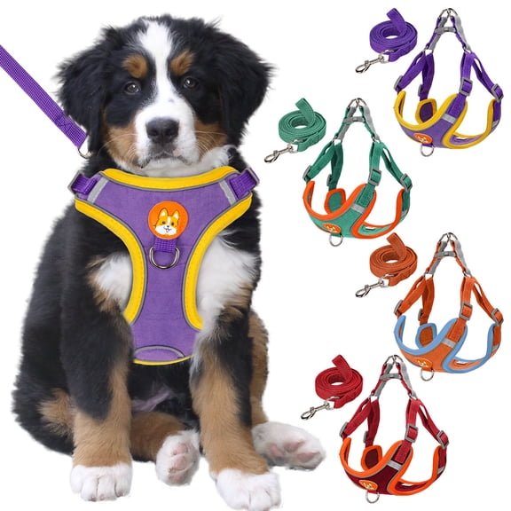 Deago No Pull Dog Harness and Leash Set Soft Suede Pet Harness Reflective Adjustable Puppy Vest for Small Medium Dogs