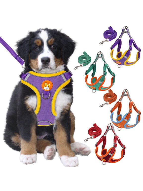 No Pull Dog Harness and Leash Set Soft Suede Pet Harness Reflective Adjustable Puppy Vest for Small Medium Dogs