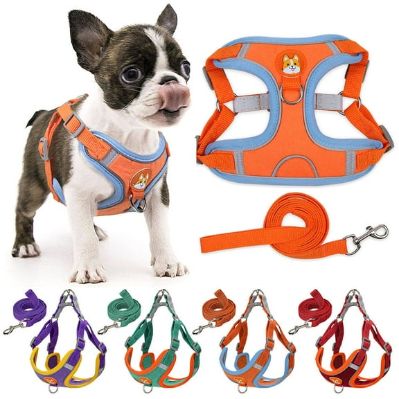 Deago No Pull Dog Harness and Leash Set Soft Suede Pet Harness Reflective Adjustable Puppy Vest for Small Medium Dogs (Orange, XL)