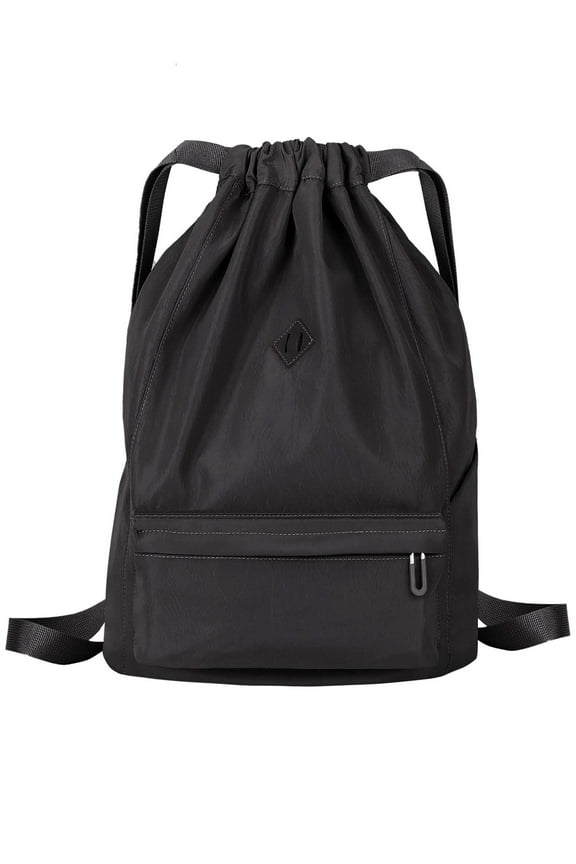 Nylon Drawstring Backpack Sports Gym Bag for Men Women Waterproof String Sackpack Cinch Sack for Travel with Zipper & Side Pockets "Black"