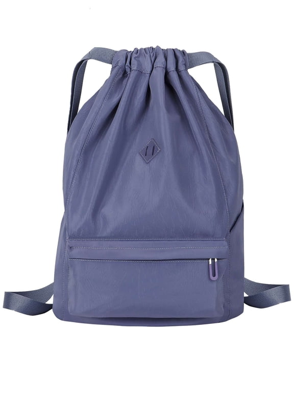 Nylon Drawstring Backpack Sports Gym Bag for Men Women Waterproof String Sackpack Cinch Sack for Travel with Zipper & Side Pockets "Blue"