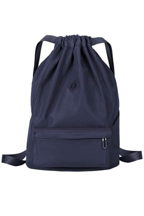 Nylon Drawstring Backpack Sports Gym Bag for Men Women Waterproof String Sackpack Cinch Sack for Travel with Zipper & Side Pockets "Navy"