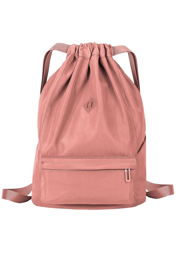 Nylon Drawstring Backpack Sports Gym Bag for Men Women Waterproof String Sackpack Cinch Sack for Travel with Zipper & Side Pockets "Pink"