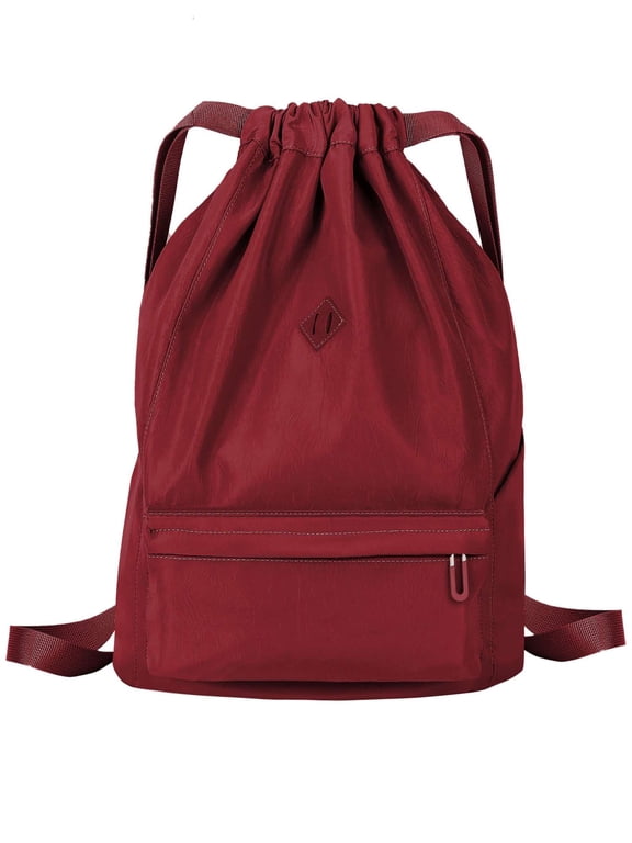 Nylon Drawstring Backpack Sports Gym Bag for Men Women Waterproof String Sackpack Cinch Sack for Travel with Zipper & Side Pockets "Red"