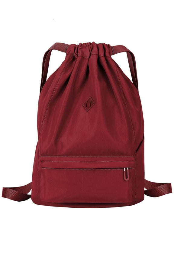 Nylon Drawstring Backpack Sports Gym Bag for Men Women Waterproof String Sackpack Cinch Sack for Travel with Zipper & Side Pockets "Red"