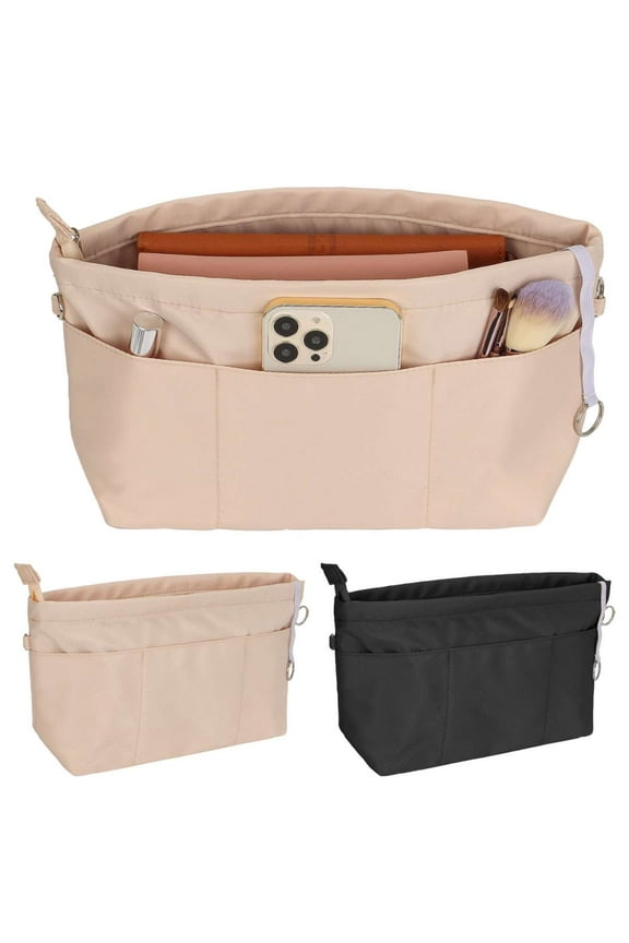 Nylon Purse Organizer Tote Handbag Insert Organizers Bag in Bag Zipper 13 Pockets Beige Large
