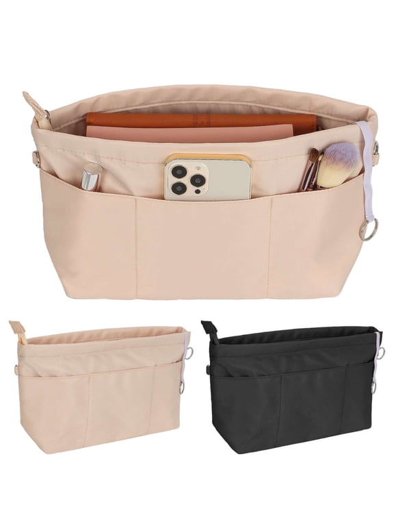 Nylon Purse Organizer Tote Handbag Insert Organizers Bag in Bag Zipper 13 Pockets Black Medium