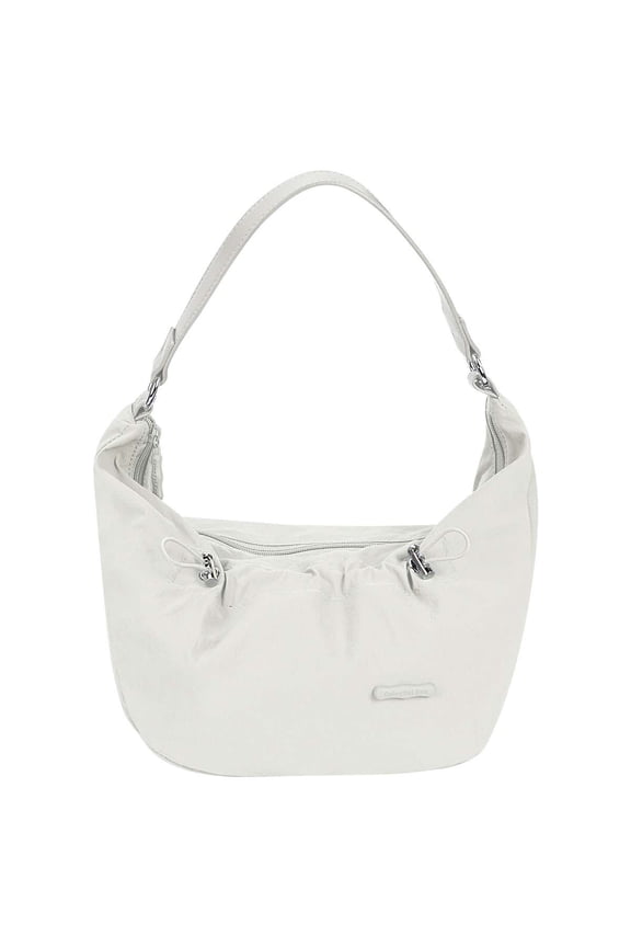 Nylon Shoulder Bag for Women Crescent Handbag Ruched Drawstring Crossbody Bag Slouchy Dumpling Bag Purse (White)