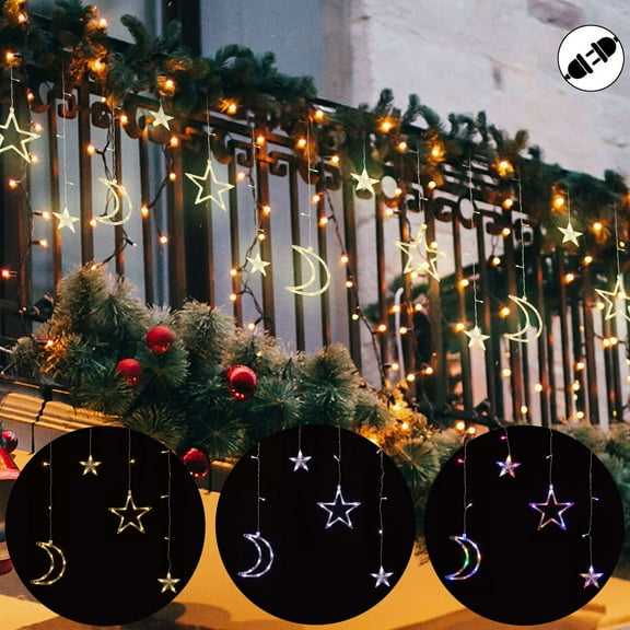 Deago Outdoor LED String Lights 11.5FT 8 Modes Plug in Star Moon Curtain Fairy String Light Twinkle Christmas Lights for Holiday Party Wedding Home Outside Decorations "Cool White"