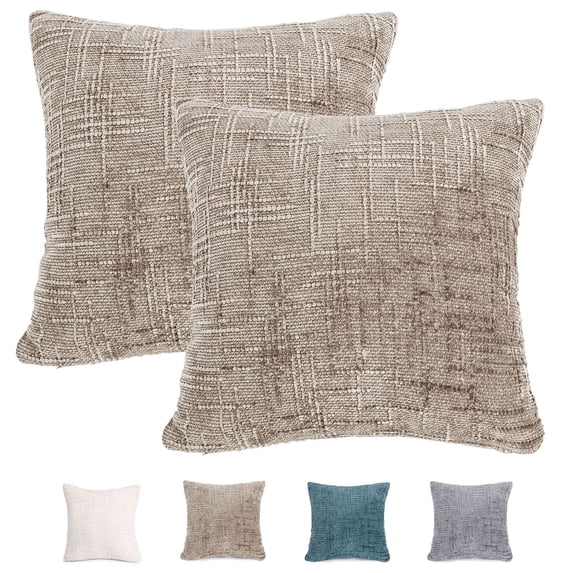 Deago Pack of 2 Decorative Throw Pillow Covers Soft Chenille Throw Pillows Solid Neutral Farmhouse Textured Cushion Covers for Couch Sofa Bedroom Living Room 18x18 Inch, Khaki
